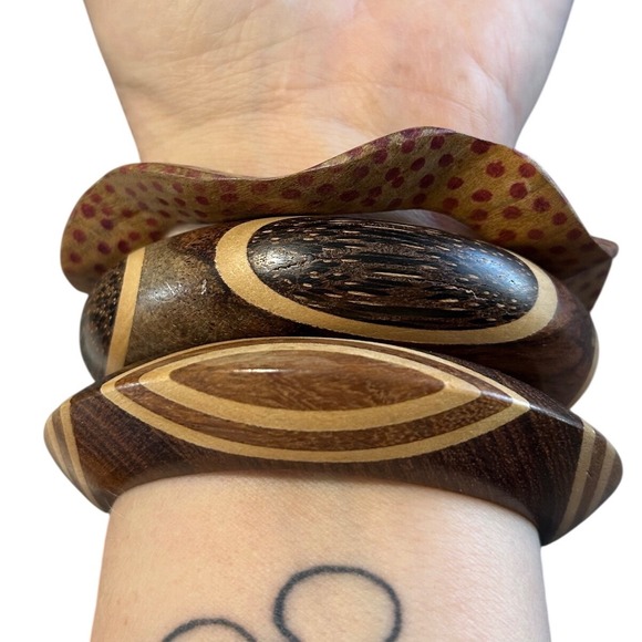 Set of 3 Wooden Bangles – Boho Artisan Inlay & Polka Dot Wood Bracelet Stack - Picture 3 of 6